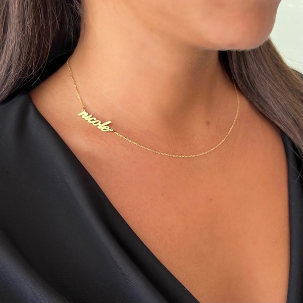 18k Gold Sideways Name Necklace, Custom Dainty Necklace, Gift For Women, Bridesmaid Gift, Name Plate, Necklace On The Side, Personalized