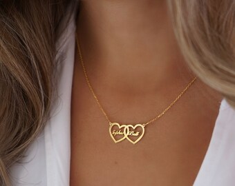 Double Heart Name Necklace Personalized 