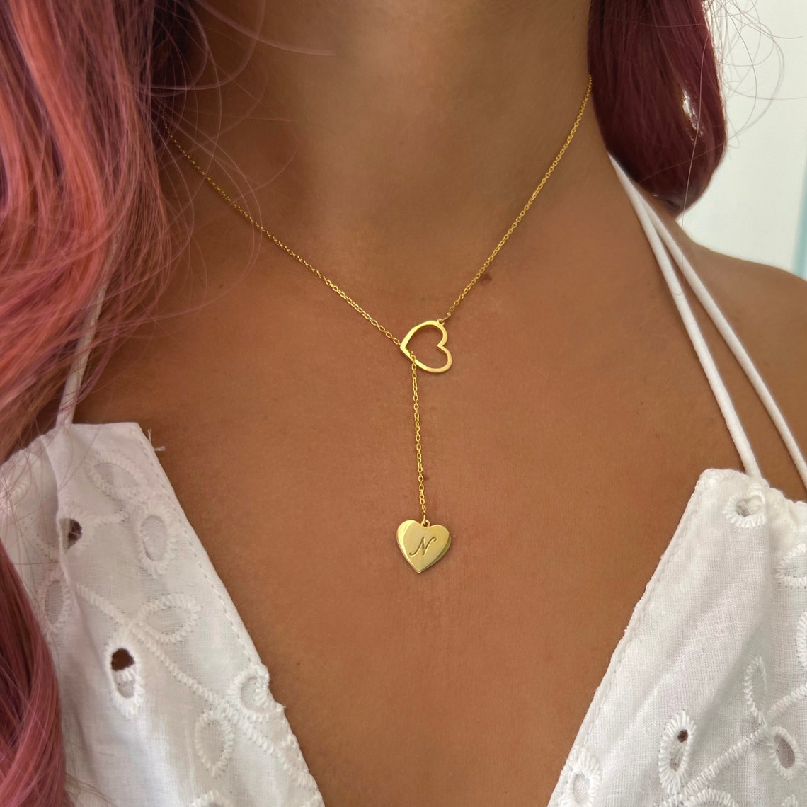 Initial Heart Lariat Necklace Personalized Y Initial Heart Etsy