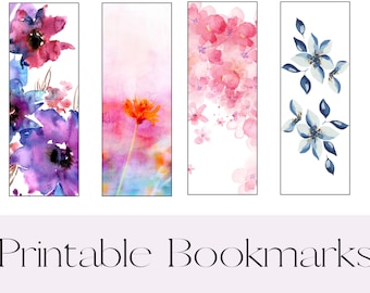 Utskrivbara bokmärken med akvarellblommor | Digitala bokmärken | Bokmärken för vuxna | Presenter för bokälskare | Utskrivbart bokmärke |