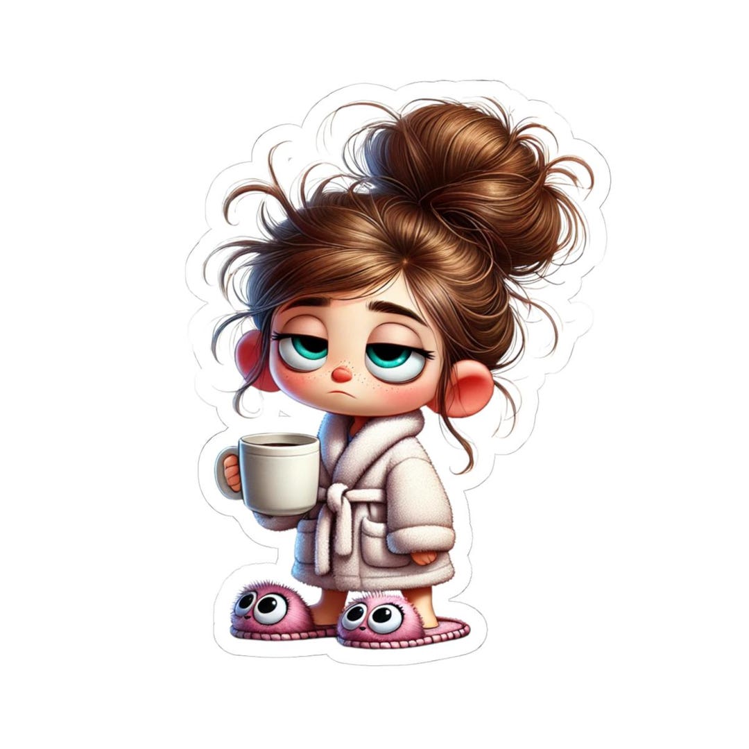 Sleepy Girl in Robe Sticker With Coffee | Kiss-cut Sticker - Etsy