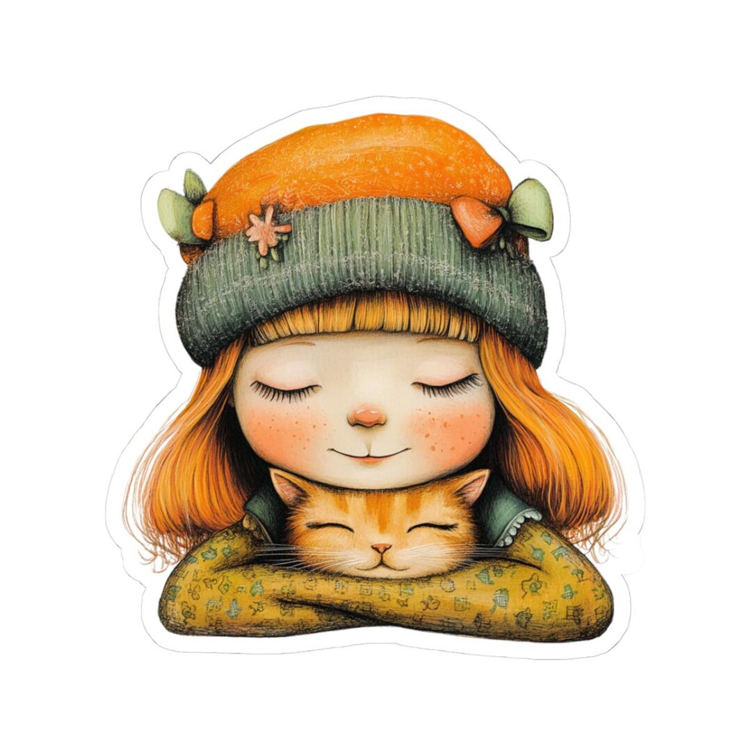 Quirky Girl Hugging Cat Sticker | Kiss-cut Vinyl Cat Laptop Decal - Etsy