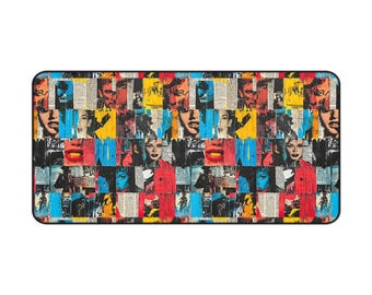 May include: A colorful patterned mousepad with a repeating design of faces and lips. The background is a mix of yellow, blue, and red.