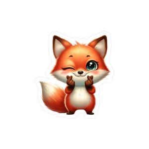 Peut inclure: Autocollant représentant un renard de dessin animé avec une fourrure orange et blanche, faisant un clin d'œil. Le renard fait un cœur avec ses mains. Le renard a de grands yeux et une queue touffue. Sur fond blanc.