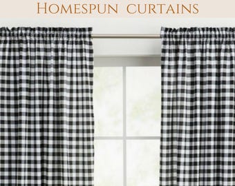 Custom Length Curtains for Homstead Decor for Country Home Black Gingham Window Treatment Beige Gingham Panel Striped Curtains