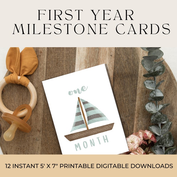 Cute Transportation Theme Nursery Milestone Card for New Mom Photo Props for Baby's First Year Printable  Baby 12 Month Sailboat Printable