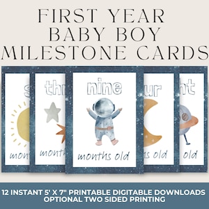 Carte étape importante pour bébé garçon sur le thème de l'espace Carte photo pour bébé de 12 ans sur le thème de la première année de l'année, cadeau imprimable recto-verso pour bébé de 12 mois, nouvelle maman