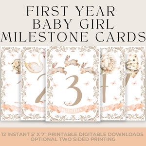 Cartes jalons Marqueurs jalons Cartes photo pour bébé fille Jalons du mois première année imprimables recto-verso Coquette esthétique décoration bébé