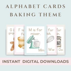 Cartão flash abc para amantes de panificação, cartão de alfabeto escolar em casa, cartão temático de cozinha, jardim digital, cartão montessori, recursos de ensino doméstico