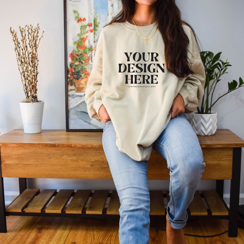 Gildan 18000 Sand Crewneck Mockup Gildan Crewneck Mockup Model Mockup