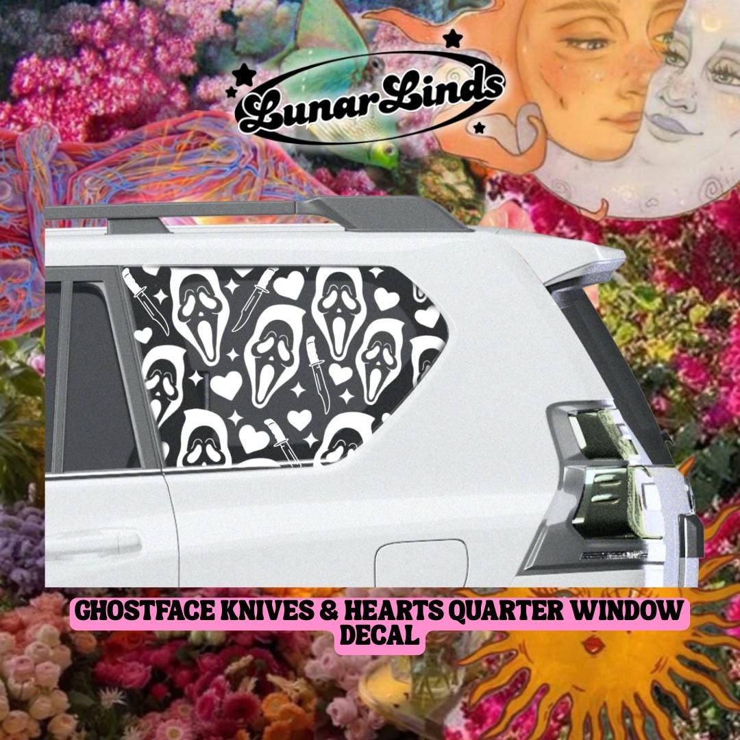 Ghostface Knifes & Hearts Quarter Window Decal – Spooky Cute Horror Car Sticker with Hearts for Side Windows Custom-Fit to Your Vehicle