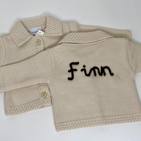 Personalised Baby Cardigan, Beige Knitted Kids Jumper, Baby Shower Gift, Embroidered Cardigan With Name, Personalised Sweater, Baby Gift