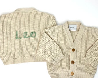 Personalised Baby Cardigan – Neutral Beige Knit with Hand Sewn Name, Baby Shower Gift, Unisex Newborn Keepsake Sweater