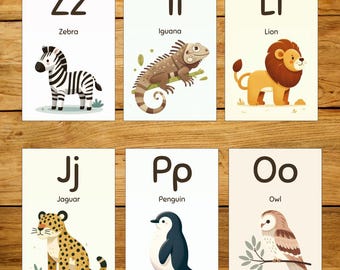 Tier ABC Karteikarten | A–Z Alphabet Karten für Kinder | Flache Illustration Tierkarten | Naturlern-Karteikarten