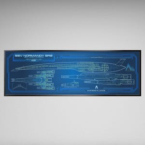 May include: Blueprint-style poster of the SSV Normandy SR2, a heavy stealth frigate. The design is rendered in white lines on a blue background, with detailed schematics and text. The poster includes the text "SSV Normandy SR2" and "Systems Alliance".