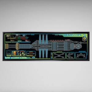 May include: A framed blueprint of the Babylon 5 space station, featuring detailed schematics in blue, green, and yellow against a black background. The text "BABYLON 5" is visible at the top, with additional technical diagrams and text.