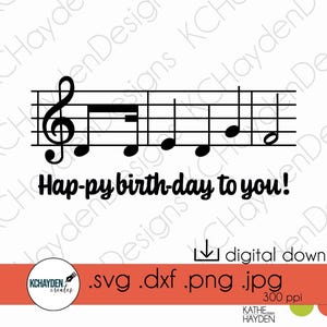 Könnte beinhalten: Eine schwarze digitale Grafik mit einem Notensystem, einem Violinschlüssel und Noten, begleitet von dem Text "Hap-py birth-day to you!". Darunter befinden sich ein Download-Symbol und der Text ".svg .dxf .png .jpg" auf einem roten Banner.