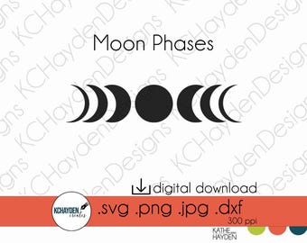 May include: Black and white illustration of the phases of the moon. The image includes a full moon, a crescent moon, a half moon, and a gibbous moon. The text "Moon Phases" is above the illustration.