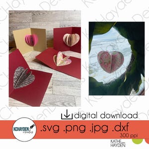Tarjeta desplegable con forma de corazón 3D SVG / Descarga instantánea Incluye archivos PNG, Jpeg, DXF / Día de San Valentín, aniversario, tarjeta de amor / DIY4 Cricut, Silhouette y más