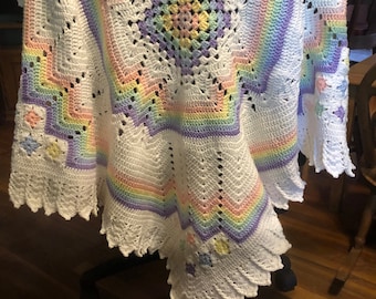 Crochet Baby Afghan: Rainbow Pastel Blanket, Vintage Pattern