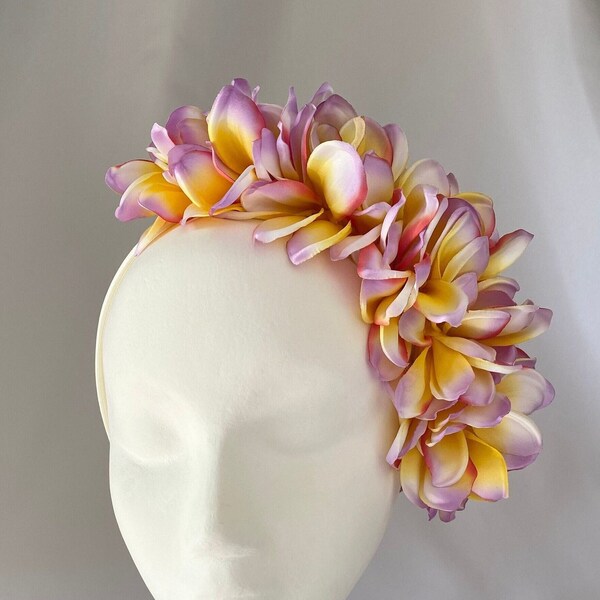 Yellow Plumeria Halo, Floral Headpiece, Tropical Island Beach Wedding Tiara, Hawaiian Princess Lei Crown, Luau Hair Accessory, Selfie Prop