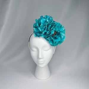 Turquoise Peony Headband, Blue Floral Headpiece, Teal Kentucky Derby Fascinator, Aqua Tropical Tiara, Mother's Day Flower Crown
