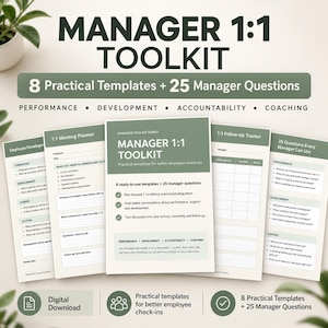 May include: A Manager 1:1 Toolkit digital download featuring 8 practical templates and 25 manager questions. The documents include an employee development plan, a meeting planner, a follow-up tracker, and a list of questions for performance, development, and support.