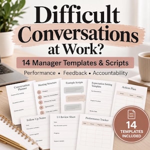 Op de afbeelding: Een verzameling witte papieren sjablonen voor werkmanagement, met koppen zoals Conversation Planner, Meeting Structure, Example Scripts, Expectation Setting Template, Action Plan, Follow Up Notes, 1:1 Review Sheet en Performance Tracker.