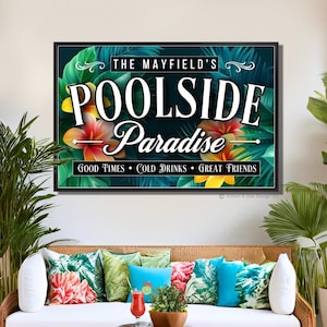 Tropical Patio Sign Personalized Pool Patio Sign Last Name Pool Deck Signs Cabana Wall Decor Lanai Sign With Flower Paradise Print