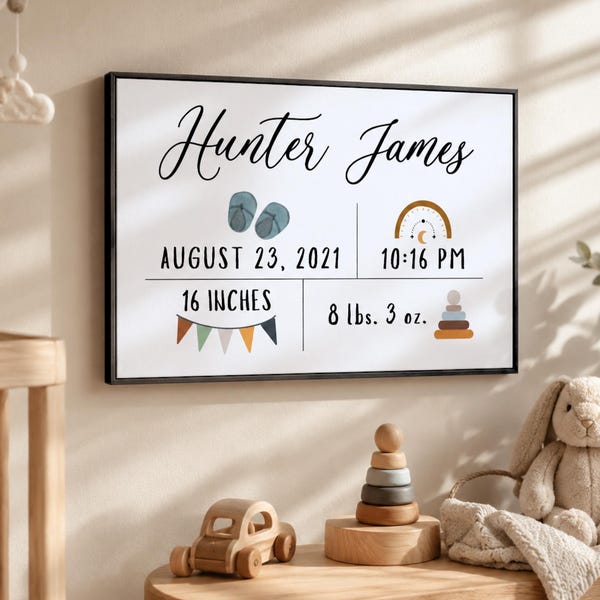 Personalized Baby Birth Stats Sign, Custom Nursery Wall Art, Newborn Date Time Weight Print