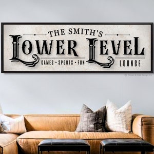Lower Level Sign Family Game Room Sign For Basement Bar And Lounge Rustic Last Name Sign For Family Room Downstairs Bar & Lounge Wall Art