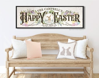 Happy Easter Sign For Home Decor Personalized Easter Last Name Sign For Entryway Rustic Easter Bunny Wall Art Living Room Holiday Decor
