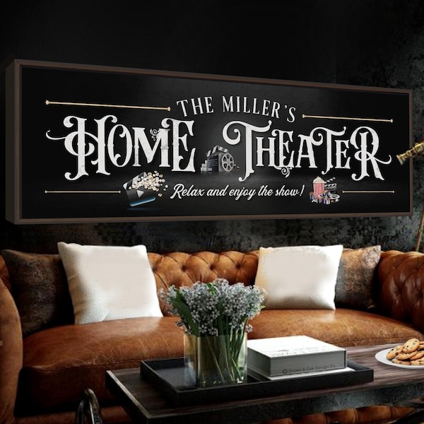 Personalized Home Theater Sign, Family Movie Room Decor, Media Room Wall Art
