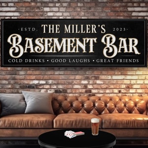 Basement Bar Sign Personalized Home Bar Wall Decor Lower Level Lounge Sign Man Cave Sign Large Canvas Print Housewarming Gift