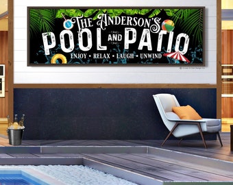 Pool And Patio Sign Backyard Pool Sign For Back Porch Family Name Poolside Bar And Grill Last Name Pool Deck Signs Large Canvas Print