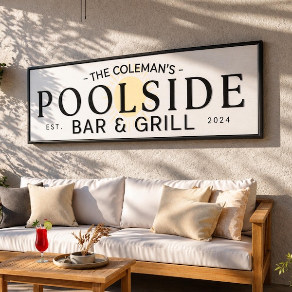 Personalized Pool Sign, Poolside Bar and Grill Signs, Patio Decor, Backyard Bar Wall Art