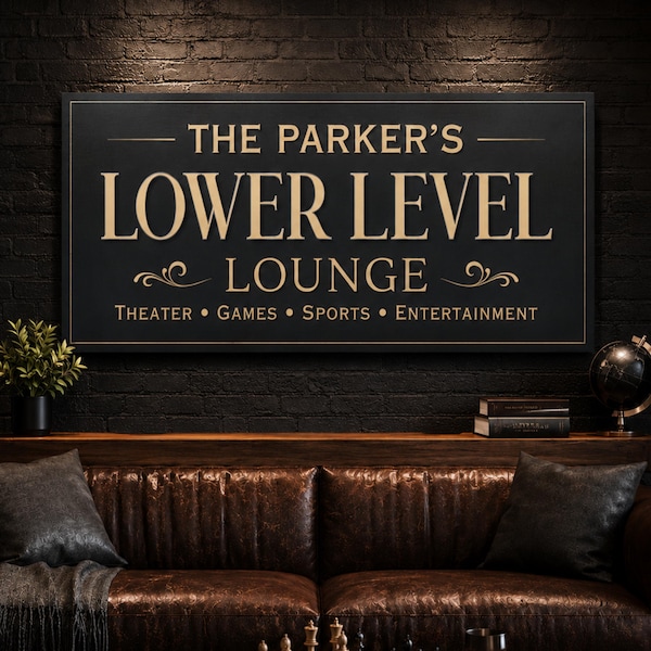 Lower Level Lounge Sign, Family Media Room Wall Decor, Game Room Signs, Basement Art