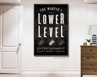 Lower Level Sign For Basement Family Room Vertical Lower Level Lounge Personalized Wall Art Downstairs Family Movie Room Wall Decor