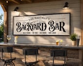 Backyard Bar Sign, Back Patio Wall Decor, Personalized Rustic Bar & Grill Signs, Happy Hour