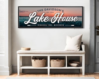 Lake House Sign Personalized Family Lake Home Wall Decor Scenic Water And Sun Wall Art For Lakehouse Vacation Home Last Name Signs