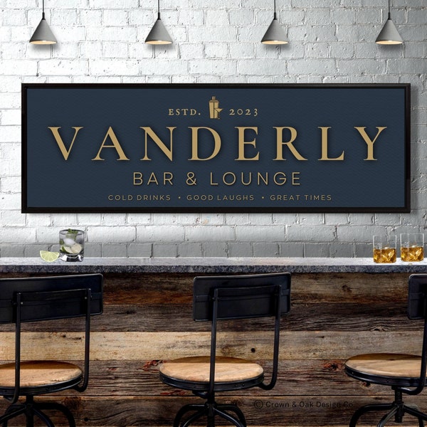 Modern Bar Sign For Home Bar And Lounge Sign Basement Bar Signs Pub Wall Decor Gold And Navy Last Name Wall Art Speakeasy Home Decor