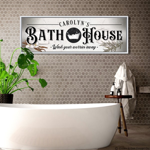 Bath House Sign For Bathroom Rustic Farmhouse Bath Signs Personalized Bathtub Wall Decor Vintage Style Powder Room Wall Art