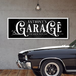 Personalized Garage Sign For Workshop Man Cave Wall Decor Mechanic Sign For Garage Bay Gift For Dad Husband Guy Signs For Him White Framed Canvas