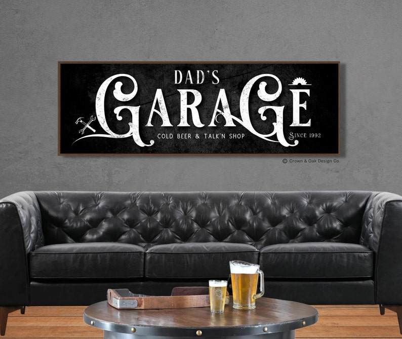 Personalized Garage Sign For Workshop Man Cave Wall Decor Mechanic Sign For Garage Bay Gift For Dad Husband Guy Signs For Him Walnut Framed Canvas