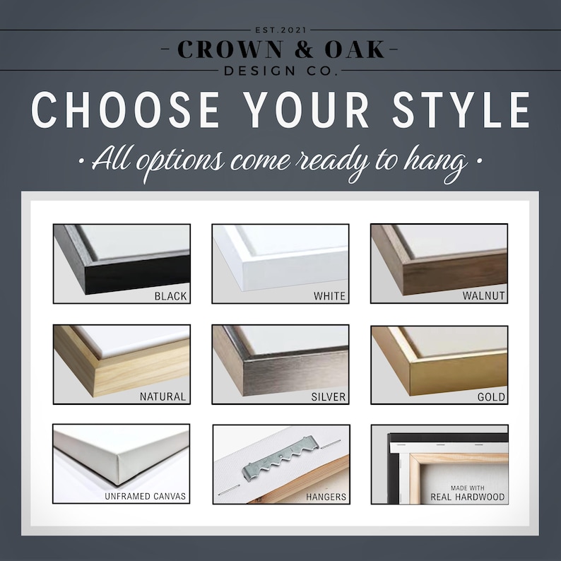 The image is a collage of nine different framed artworks, each with a unique style and color, displayed on a dark background. The text above the collage reads "Choose Your Style" and "All options come ready to hang."