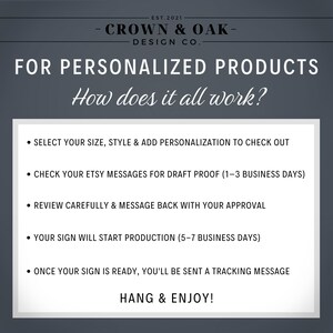 The image is a promotional graphic for a company named "CROWN & OAK DESIGN CO." It features a list of instructions for creating personalized products, including selecting the size, style, and adding personalization, checking emails for draft proof, reviewing the draft proof, and starting production. The text emphasizes that once the sign is ready, a tracking message will be sent, and the company encourages the viewer to hang and enjoy.