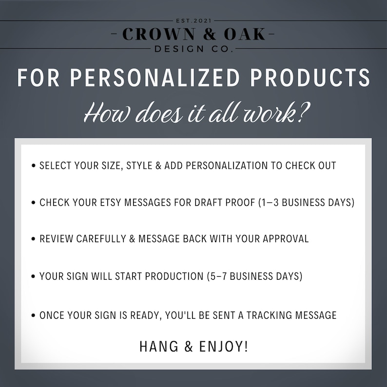 The image is a promotional graphic for a company named "CROWN & OAK DESIGN CO." It features a list of instructions for creating personalized products, including selecting the size, style, and adding personalization, checking emails for draft proof, reviewing the draft proof, and starting production. The text emphasizes that once the sign is ready, a tracking message will be sent, and the company encourages the viewer to hang and enjoy.