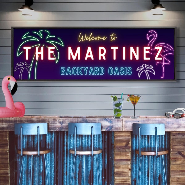 Backyard Oasis Sign Personalized Patio Wall Decor Backyard Bar And Grill Sign With Neon Look Family Name Patio Sign Patio Bar Decor Tiki Bar