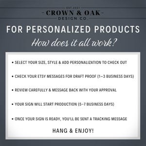 The image is a promotional graphic for a company named "CROWN & OAK DESIGN CO." It features a list of instructions for creating personalized products, including selecting the size, style, and adding personalization, checking emails for draft proof, reviewing the draft proof, and starting production. The text emphasizes that once the sign is ready, a tracking message will be sent, and the company encourages the viewer to hang and enjoy.