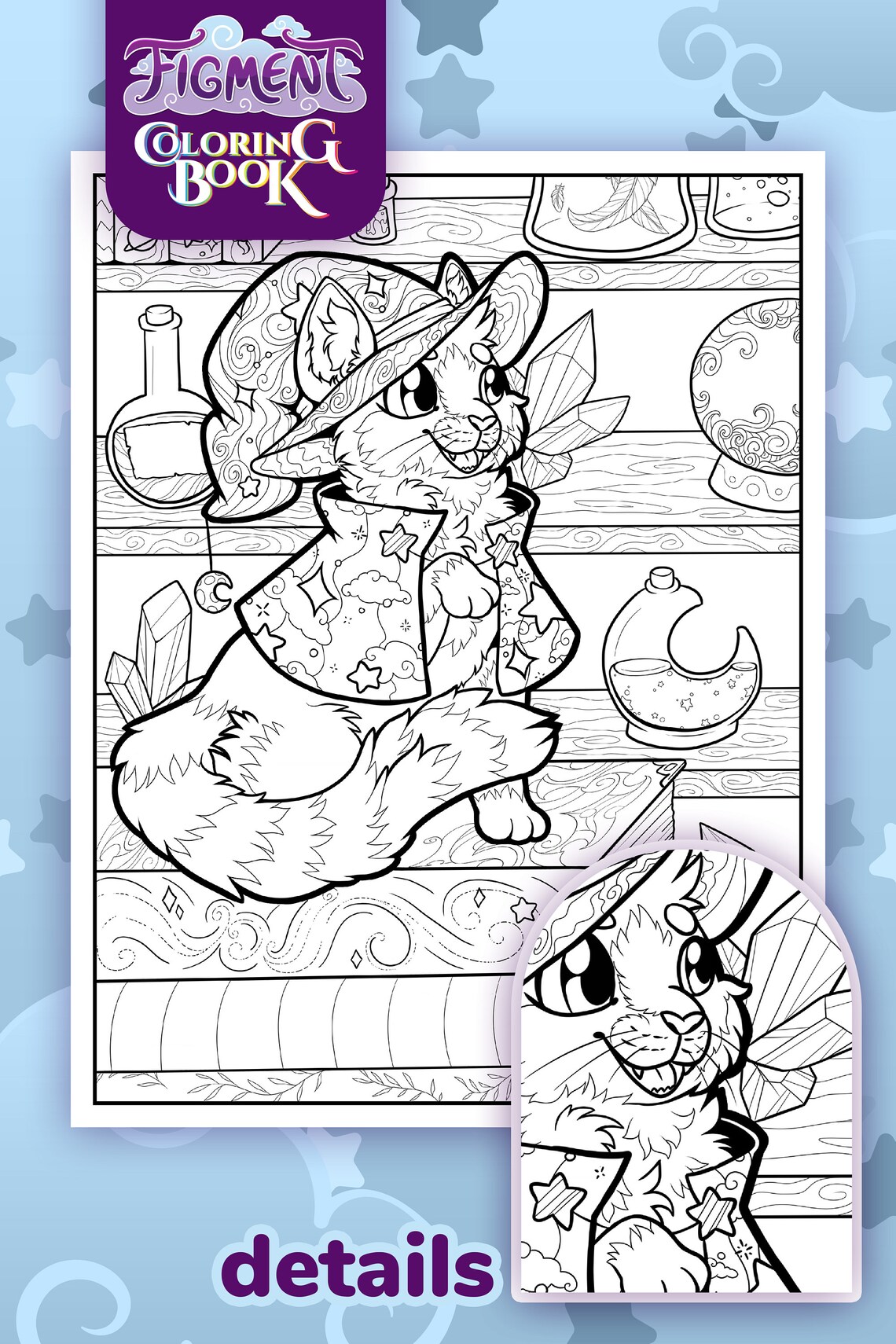 Witch Cat Coloring Book Page, Fantasy Feline Coloring Pages, Instant